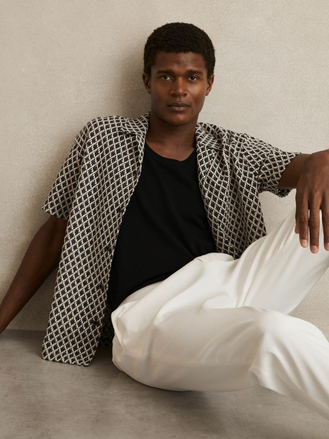 Geometric-Crochet Cuban-Collar Shirt in Navy/White