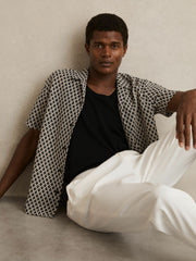Geometric-Crochet Cuban-Collar Shirt in Navy/White