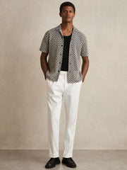 Geometric-Crochet Cuban-Collar Shirt in Navy/White