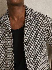 Geometric-Crochet Cuban-Collar Shirt in Navy/White