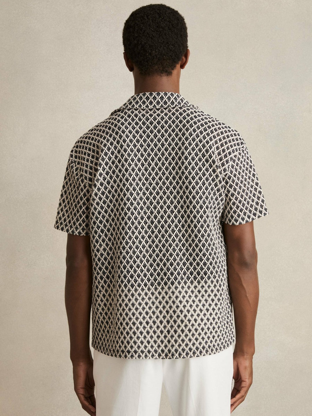Geometric-Crochet Cuban-Collar Shirt in Navy/White
