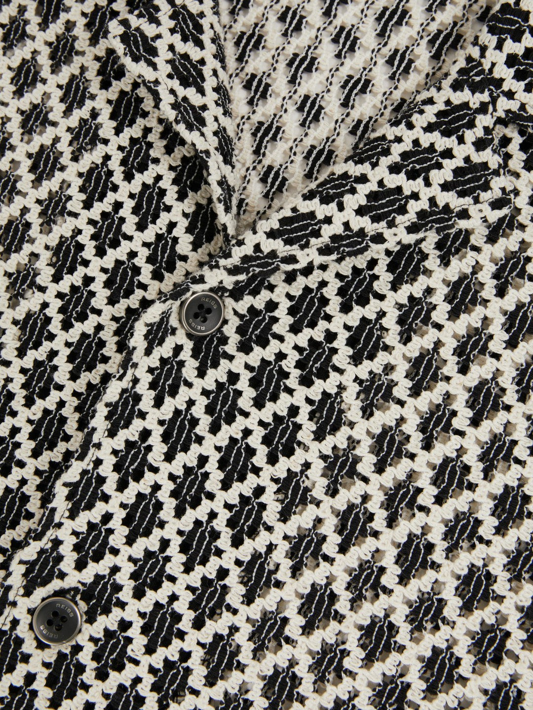 Geometric-Crochet Cuban-Collar Shirt in Navy/White
