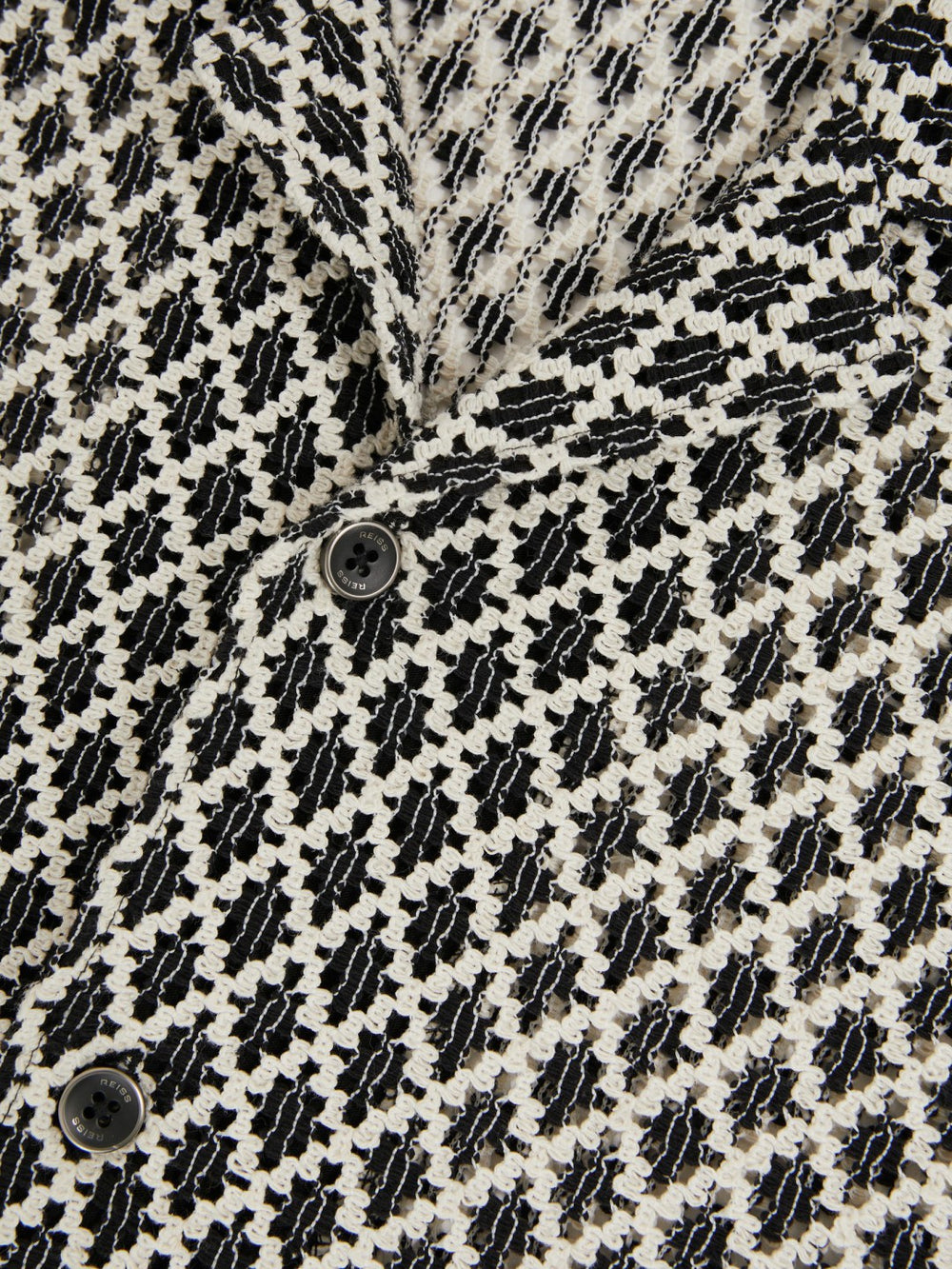Geometric-Crochet Cuban-Collar Shirt in Navy/White