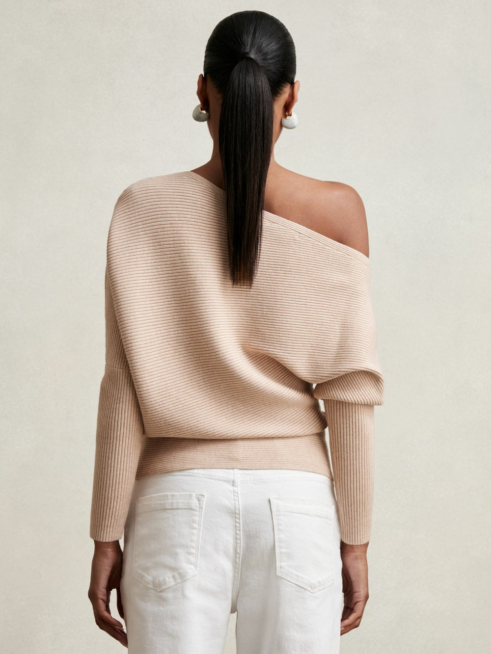 Asymmetric Draped Knitted Jumper in Oatmeal Neutral