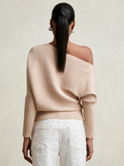 Asymmetric Draped Knitted Jumper in Oatmeal Neutral