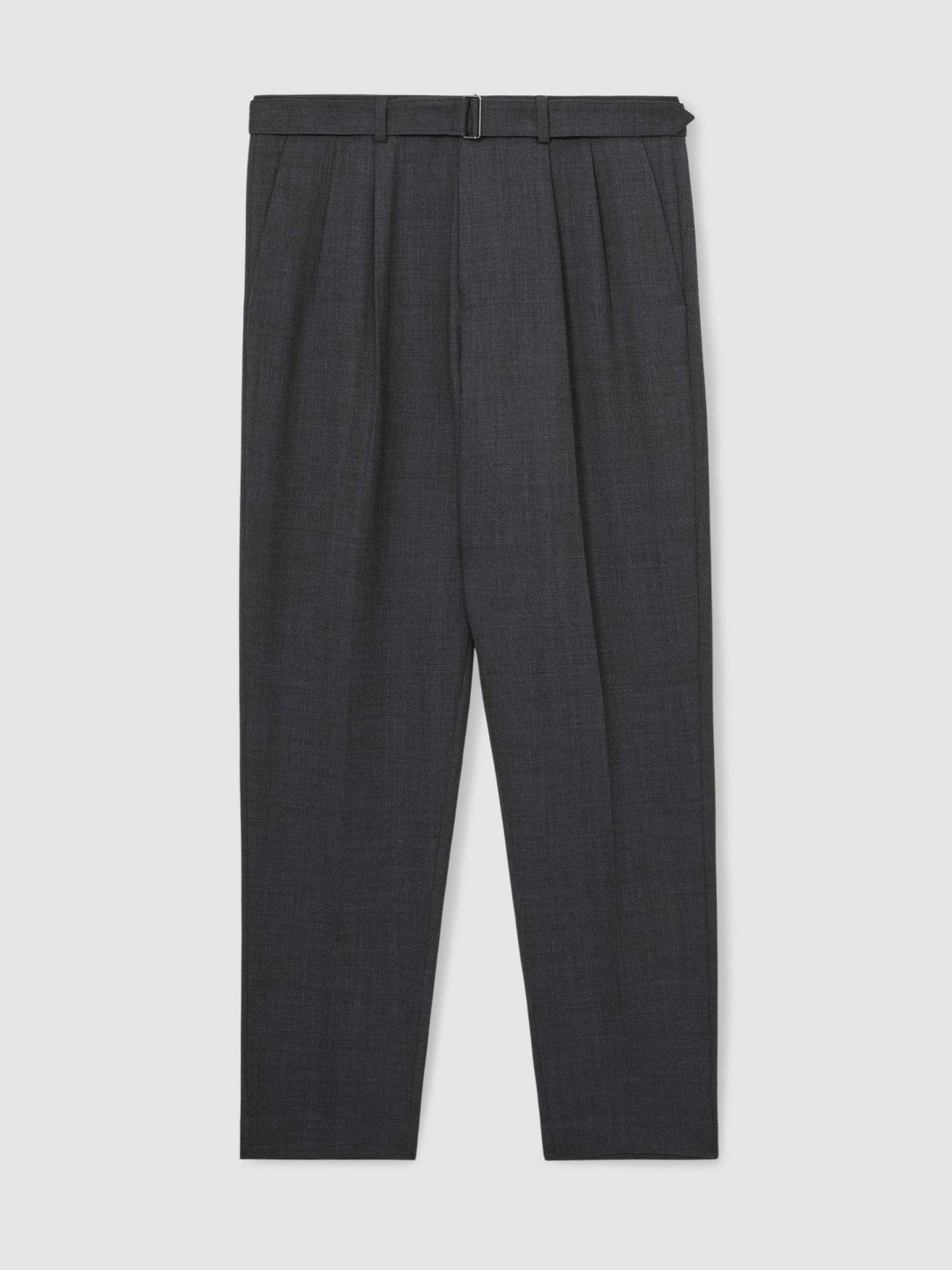 Wool-Blend Belted Pleated Trousers Regular-Fit in Charcoal Grey