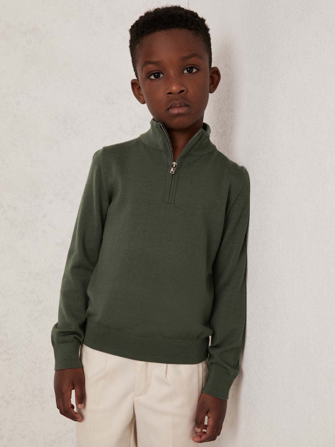 9-13 yrs Merino Wool Half-Zip Funnel Neck Jumper in Kale Green