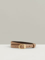 Leather Curved-Buckle Skinny Belt in Taupe