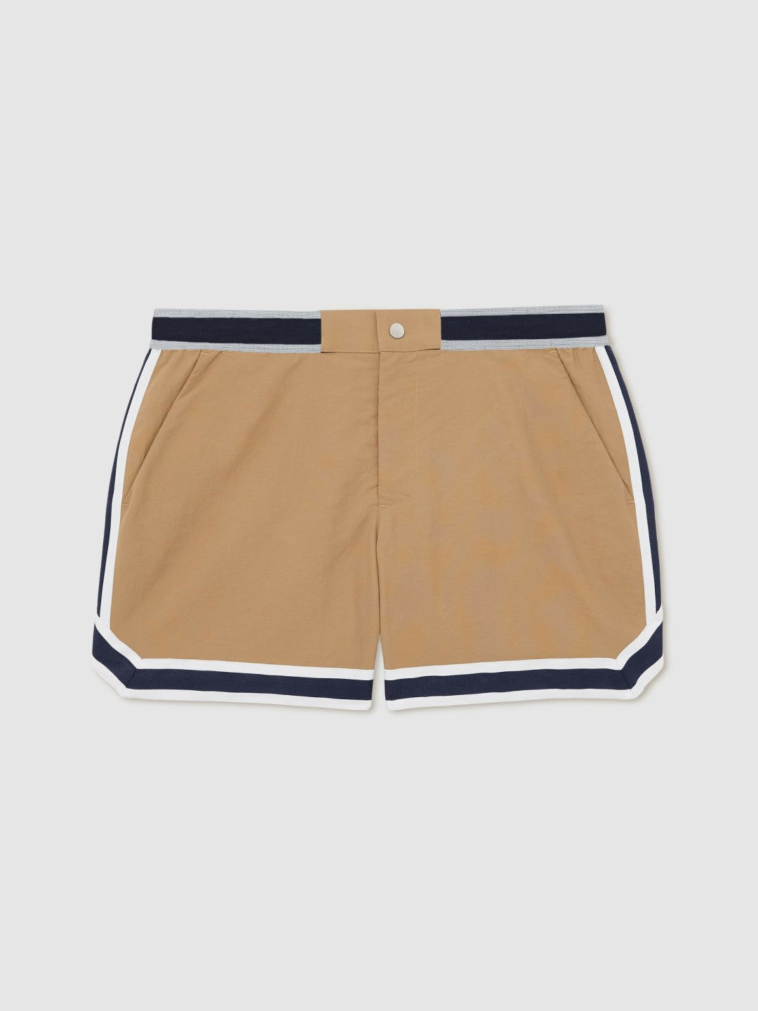 | Ché Stripe-Trim Swim Shorts in Camel
