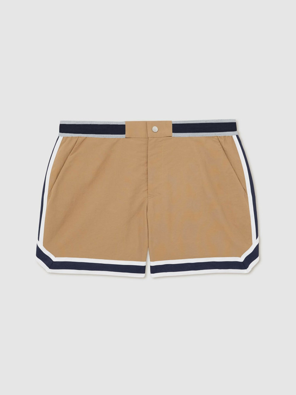 | Ché Stripe-Trim Swim Shorts in Camel
