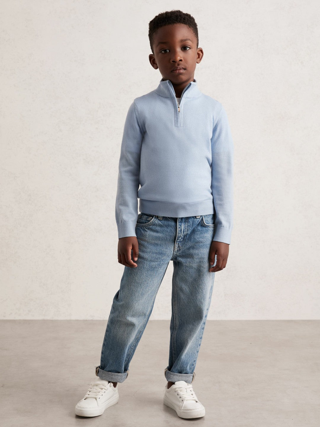 3-9 yrs Merino Wool Half-Zip Funnel Neck Jumper in Soft Blue Melange