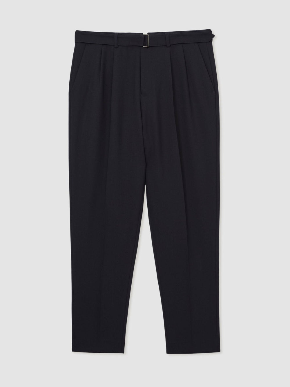 Wool-Blend Belted Pleated Trousers Regular-Fit in Navy