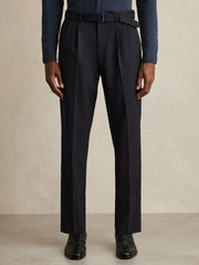 Wool-Blend Belted Pleated Trousers Regular-Fit in Navy