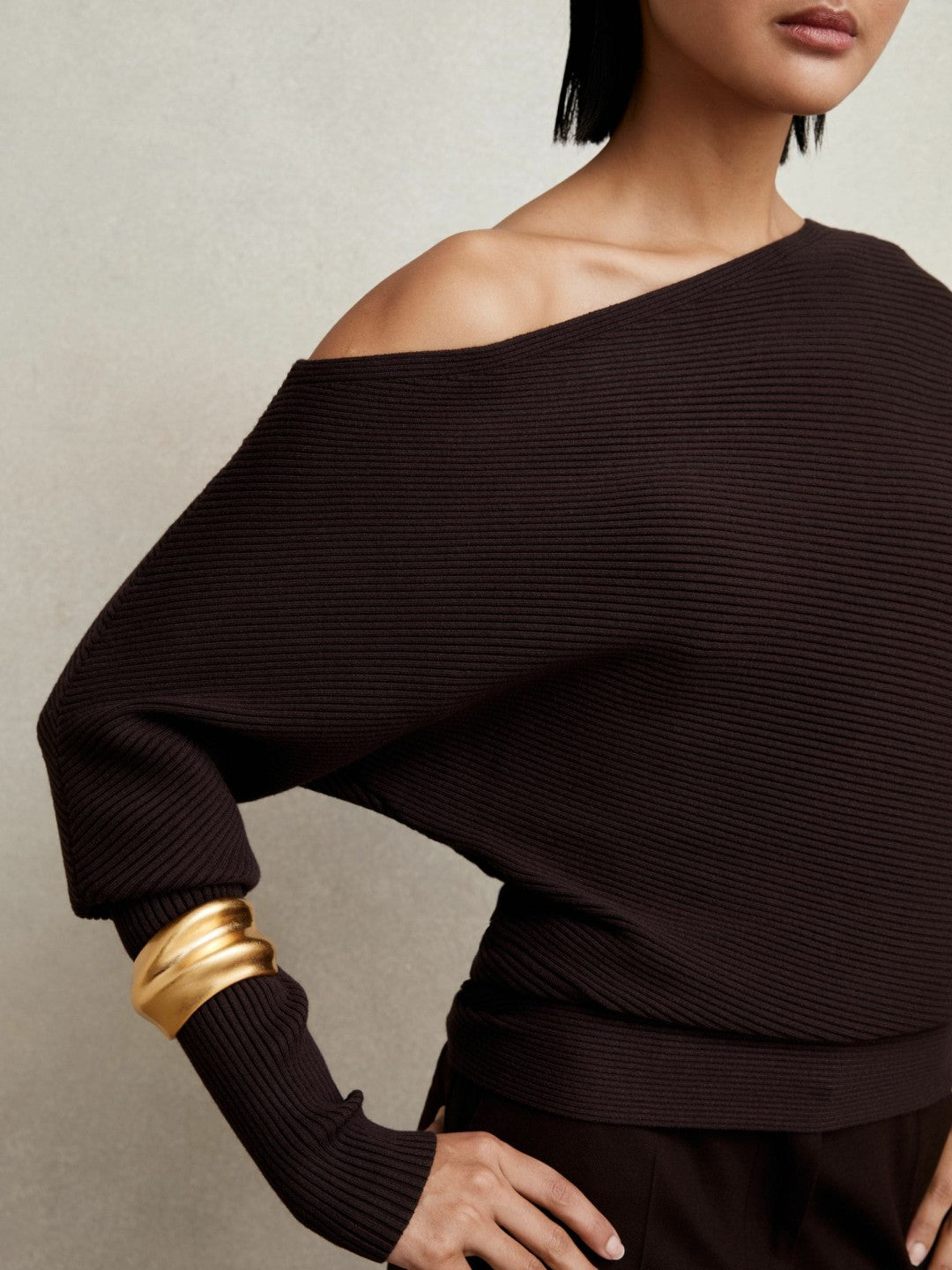 Asymmetric Draped Knitted Jumper in Plum