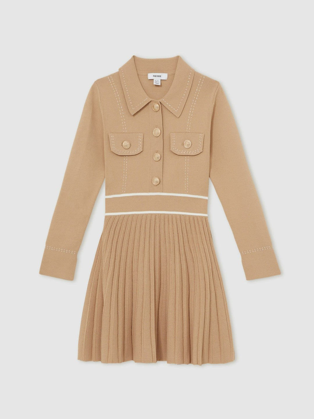 13-14 yrs Button-Detail Stripe Knitted Dress in Camel