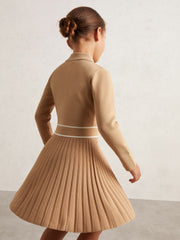 13-14 yrs Button-Detail Stripe Knitted Dress in Camel