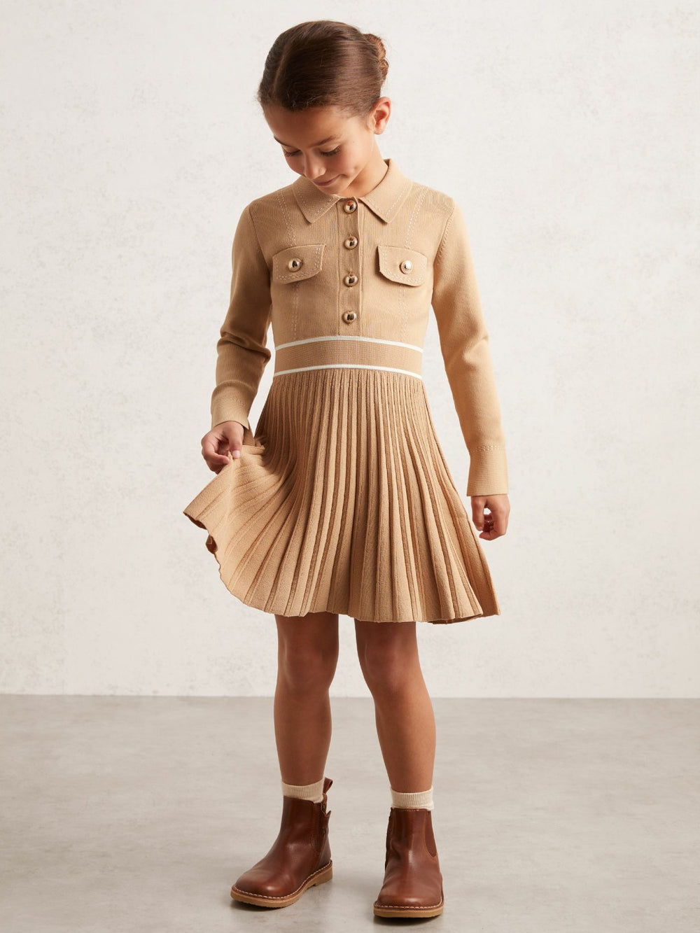 3-9 yrs Button-Detail Stripe Knitted Dress in Camel