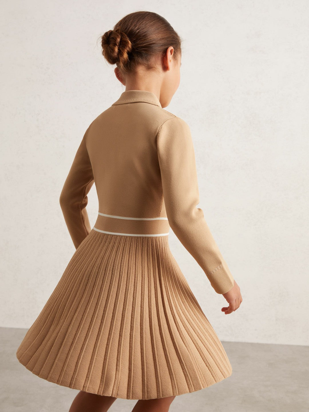 3-9 yrs Button-Detail Stripe Knitted Dress in Camel