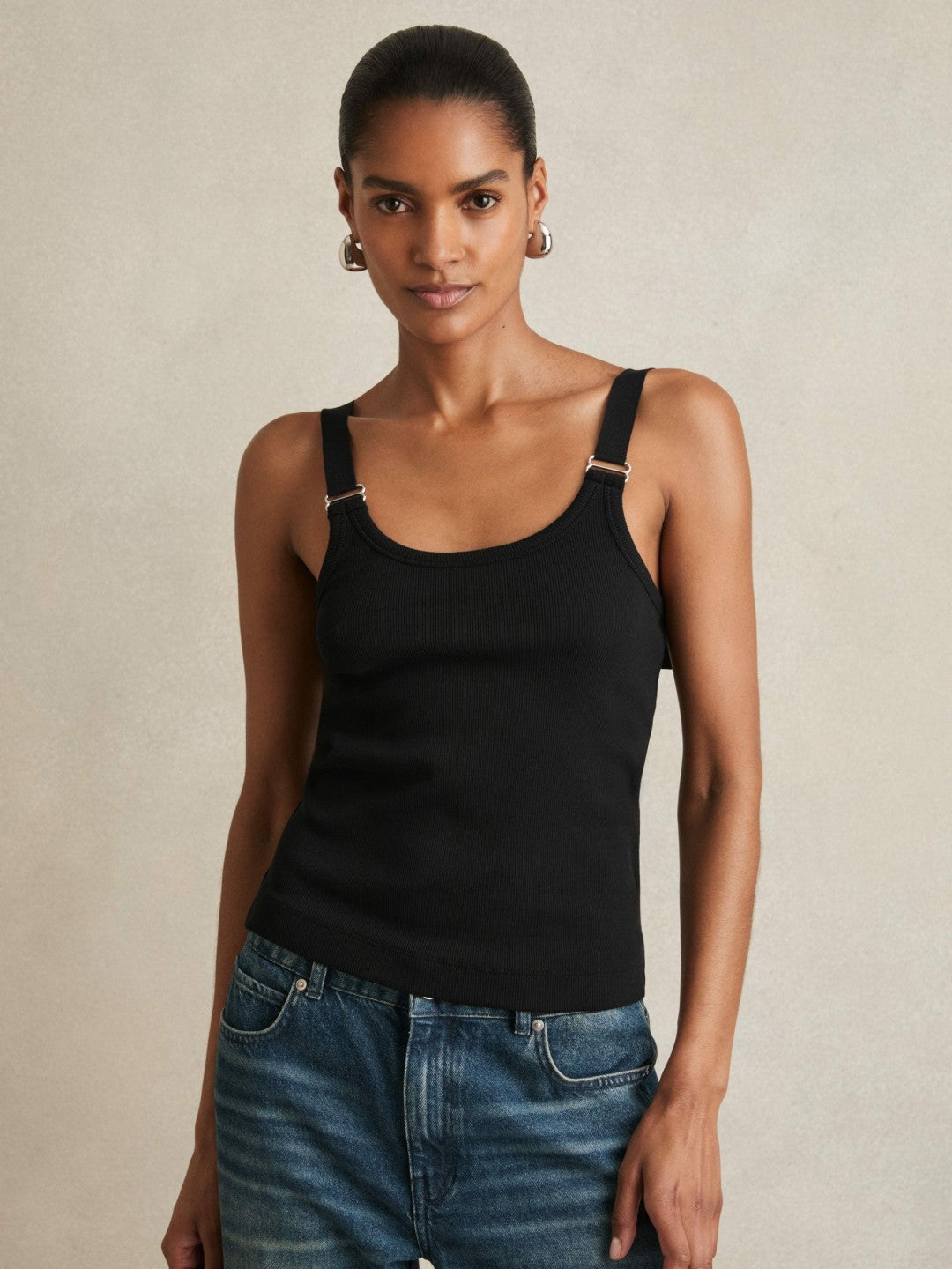 Stretch-Cotton D-Ring Strap Vest in Black
