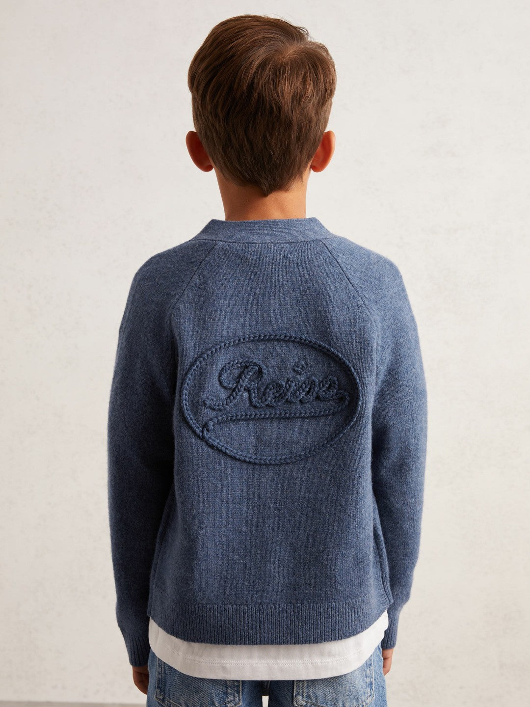 3-9 yrs Wool Embroidered-Logo Cardigan in Dark Airforce Blue