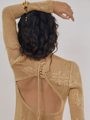 Lace-Knit Ruched Maxi Dress in Gold