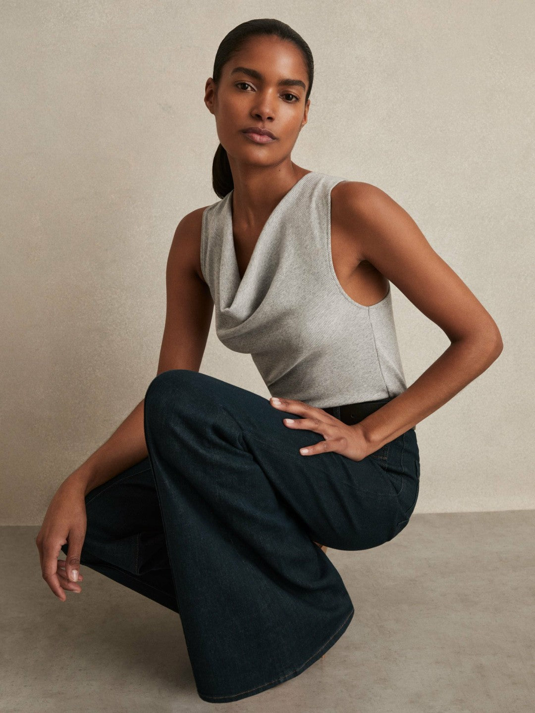 Ribbed Cowl-Neck Vest in Grey Marl