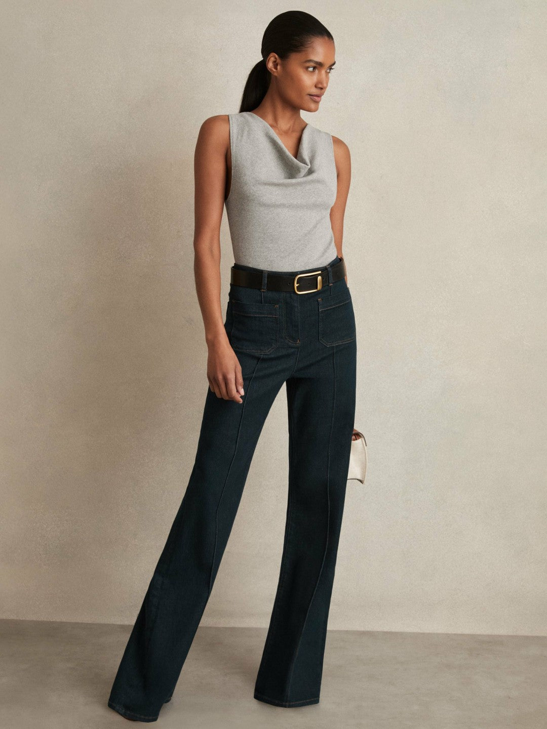 Ribbed Cowl-Neck Vest in Grey Marl