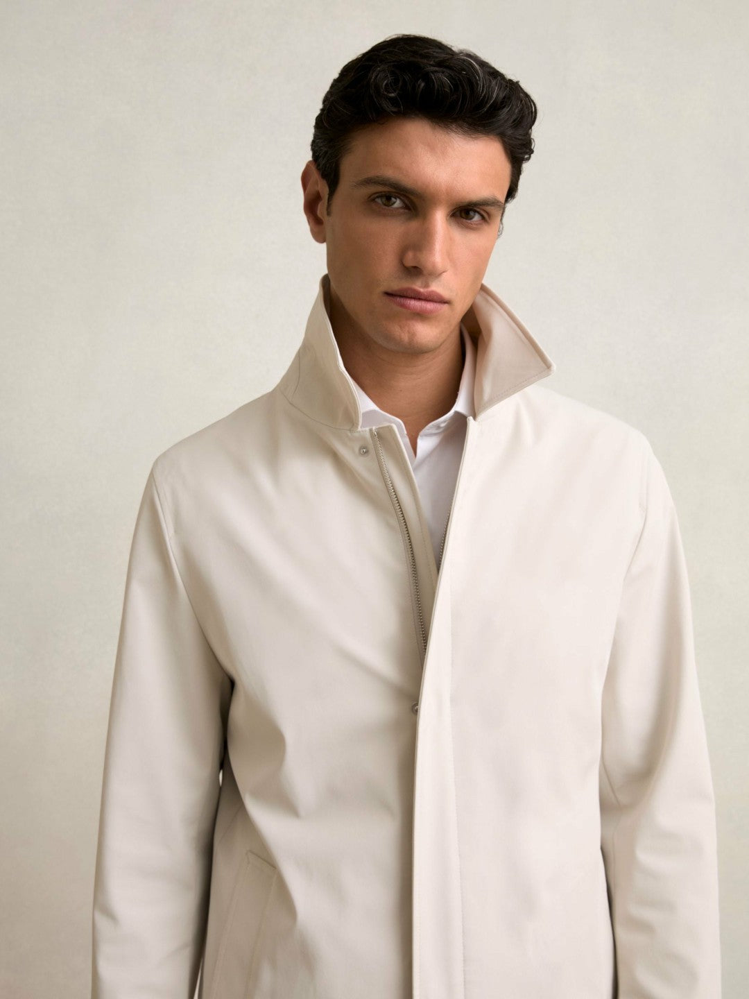 Hybrid Removable Funnel Neck Overcoat in Light Stone