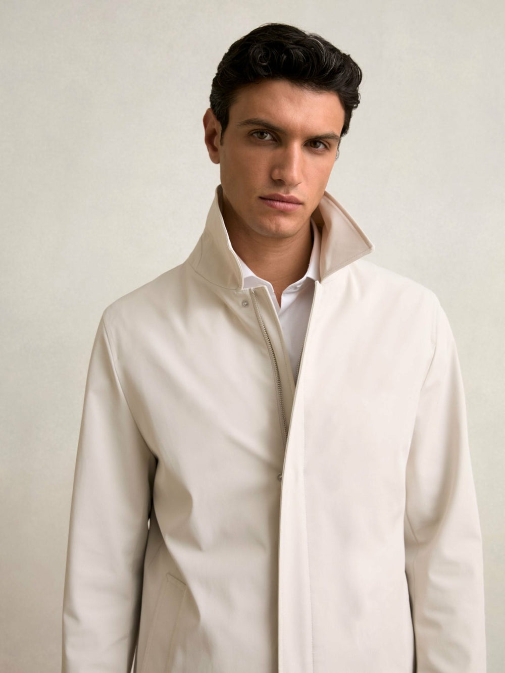 Hybrid Removable Funnel Neck Overcoat in Light Stone