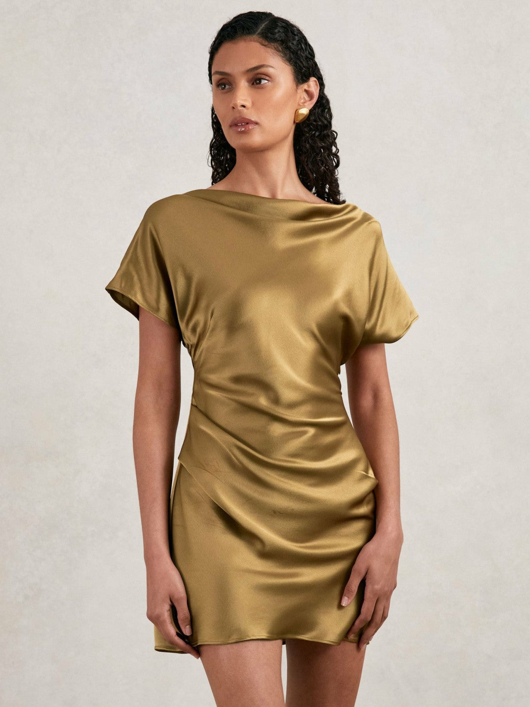 Acler Draped Satin Mini Dress in Gold Moss