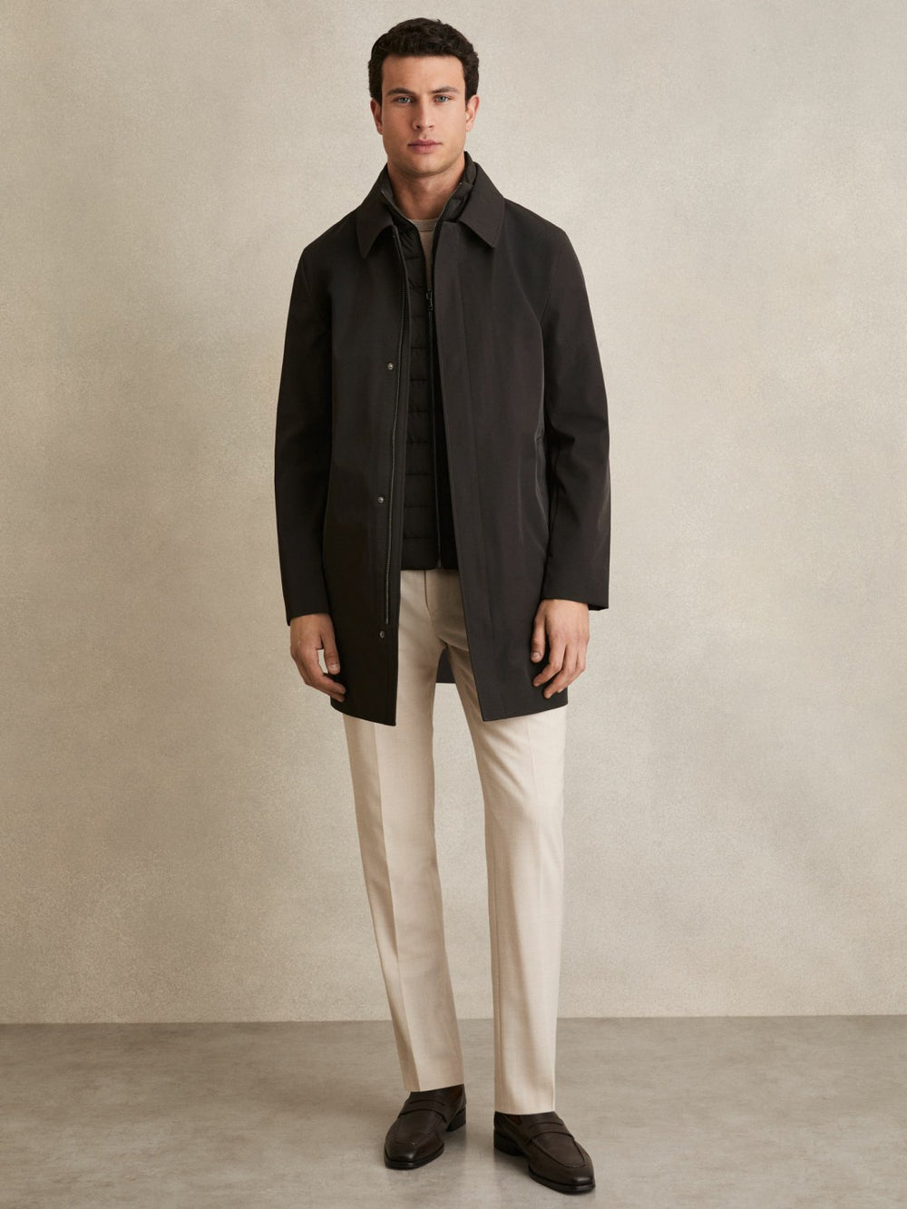Hybrid Removable Funnel Neck Overcoat in Brown