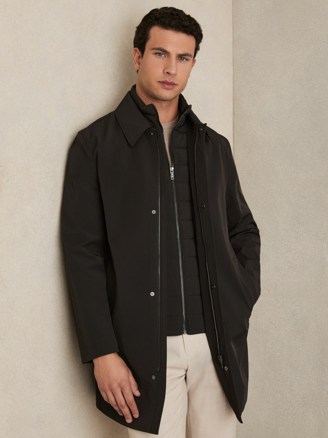 Hybrid Removable Funnel Neck Overcoat in Brown