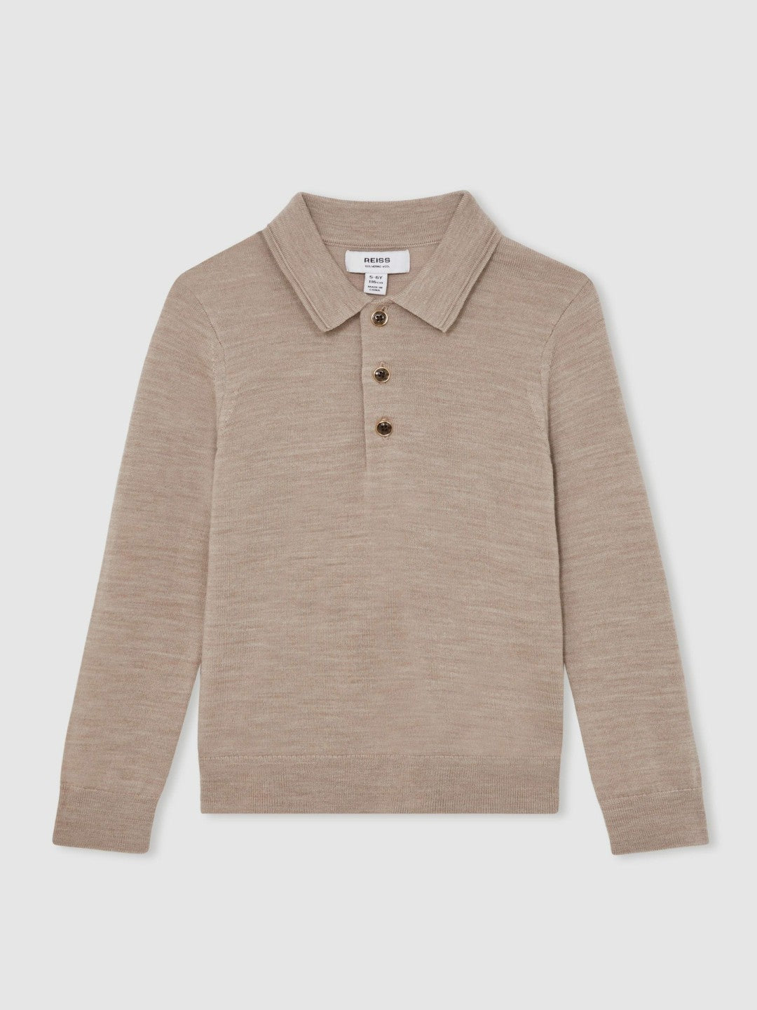 13-14 yrs Merino Wool Long-Sleeve Polo Shirt in Wheat Melange