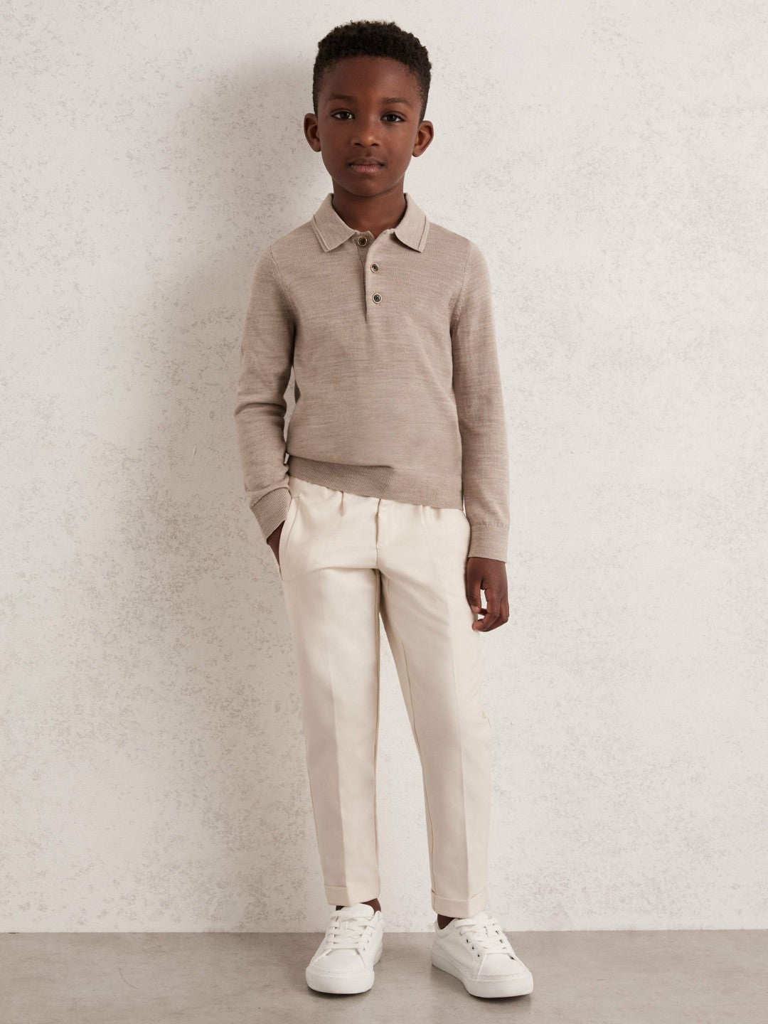 13-14 yrs Merino Wool Long-Sleeve Polo Shirt in Wheat Melange