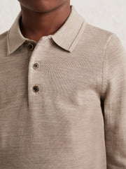 13-14 yrs Merino Wool Long-Sleeve Polo Shirt in Wheat Melange