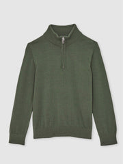 13-14 yrs Merino Wool Half-Zip Funnel Neck Jumper in Kale Green