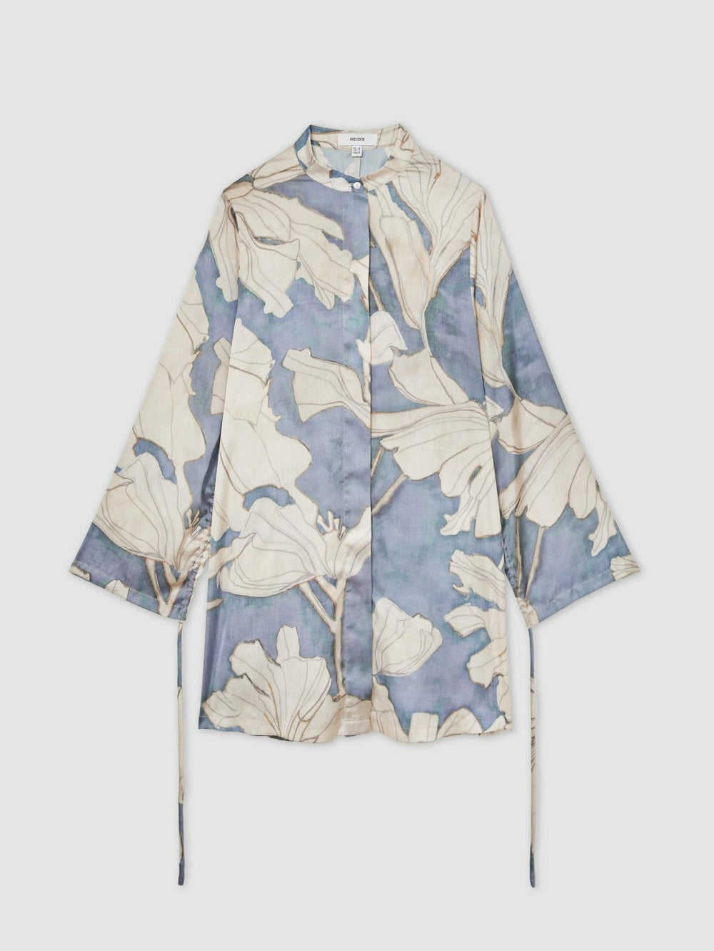Floral Print Gathered Cut Out Shirt Dress in Blue