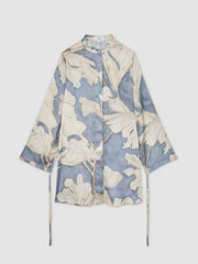 Floral Print Gathered Cut Out Shirt Dress in Blue