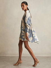 Floral Print Gathered Cut Out Shirt Dress in Blue
