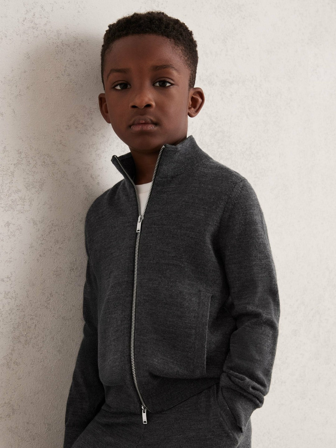 13-14 yrs Merino Wool-Blend Zip-Through Cardigan in Derby Grey Melange