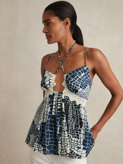 Animal Print Lace Trim Cami Top in Blue