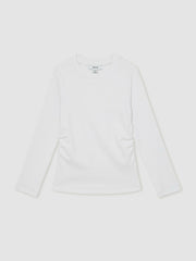 13-14 yrs Cotton Ruched Long-Sleeve T-Shirt with Stretch in Ivory