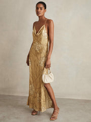 Satin Floral-Print Slip Maxi Dress in Gold