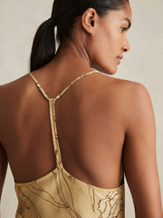 Satin Floral-Print Slip Maxi Dress in Gold