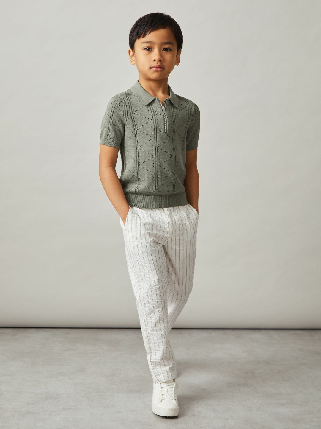 13-14 yrs Half-Zip Pointelle Polo Shirt in Sage