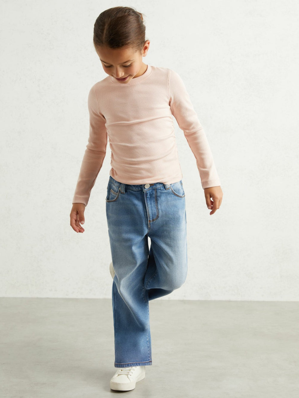 13-14 yrs Cotton Ruched Long-Sleeve T-Shirt with Stretch in Pale Pink