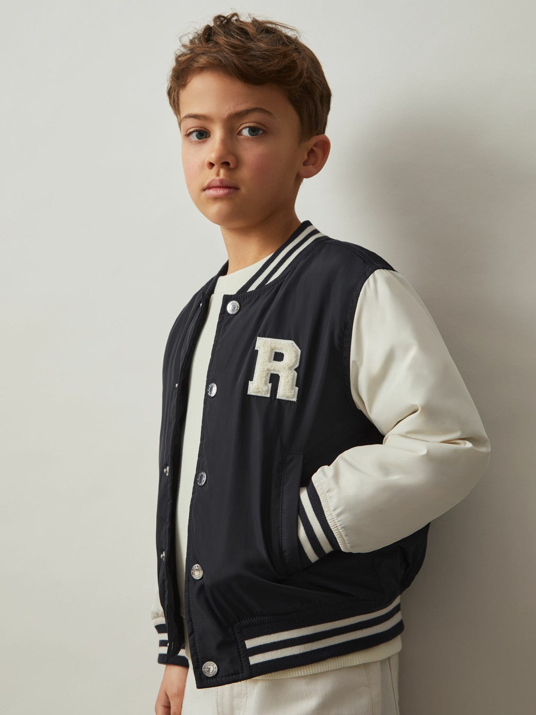 9-13 yrs Colour-Block Varsity Bomber Jacket in Navy/ Off White