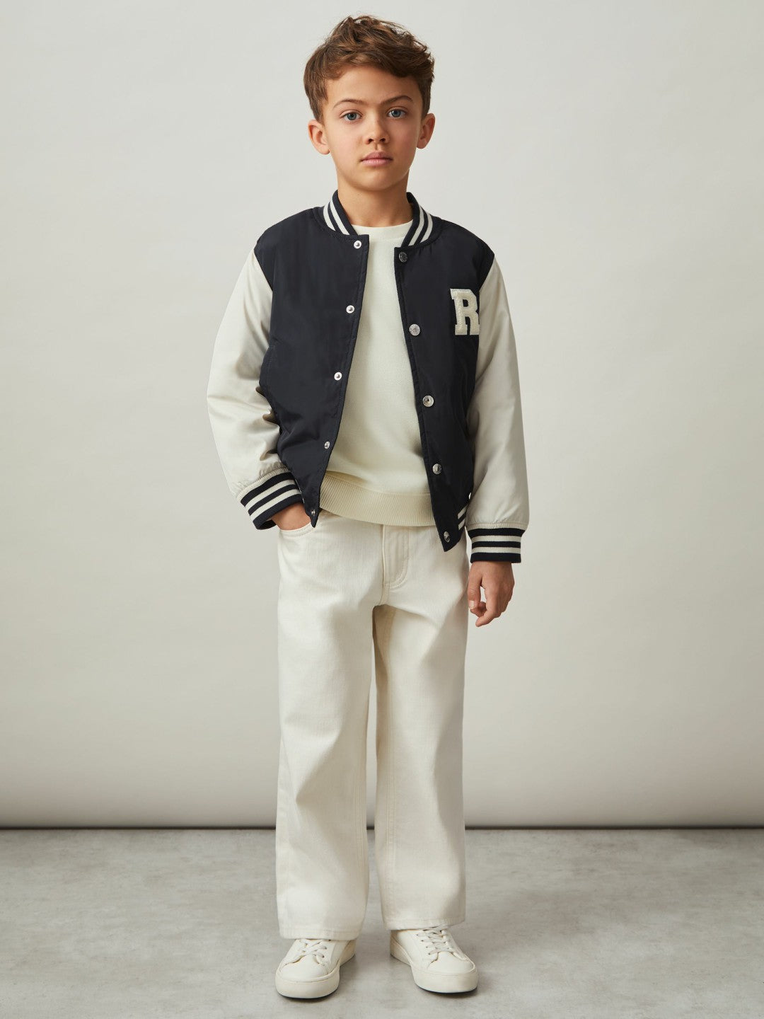 9-13 yrs Colour-Block Varsity Bomber Jacket in Navy/ Off White
