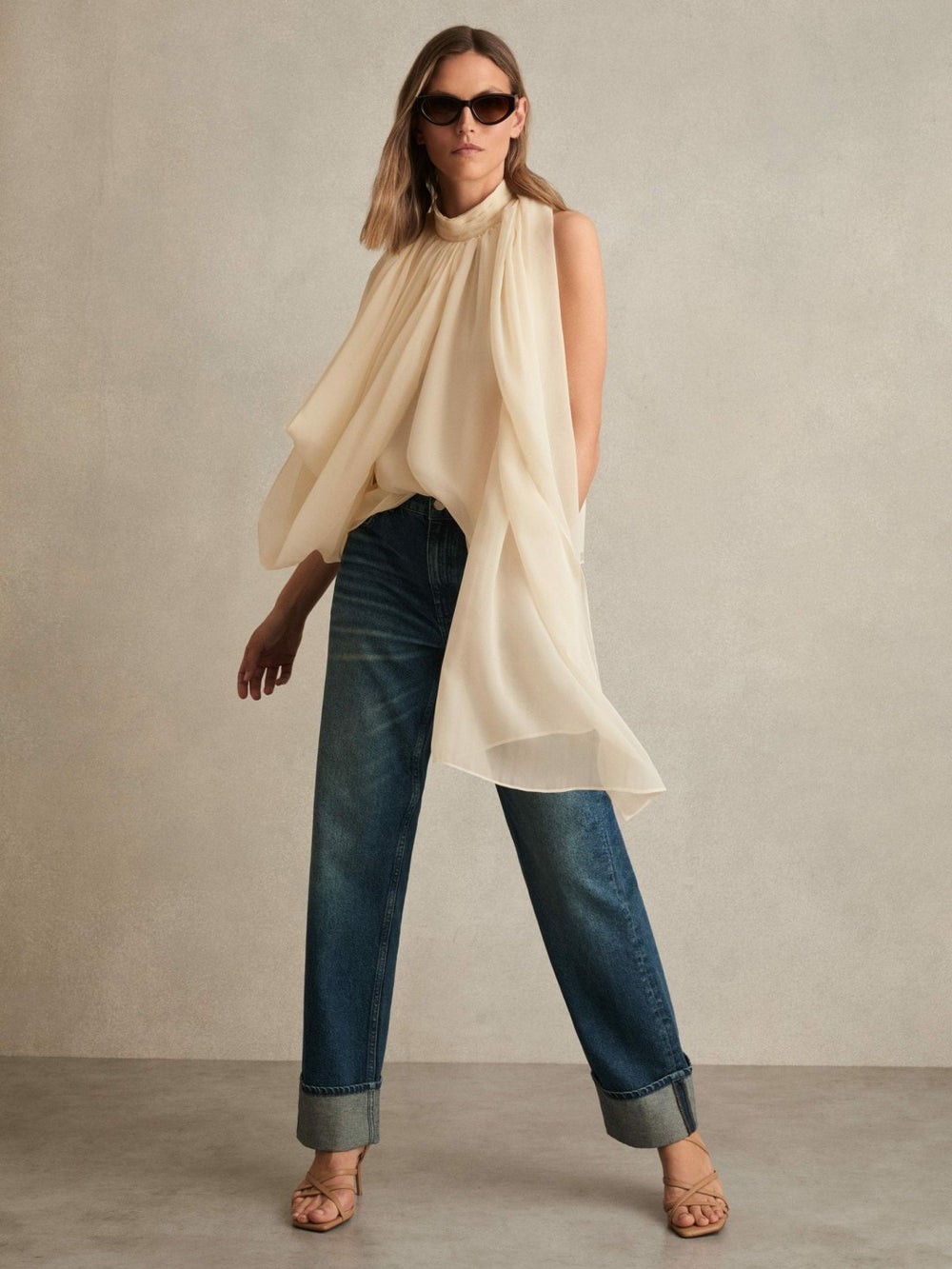 Draped Chiffon Sleeveless Top in Ivory