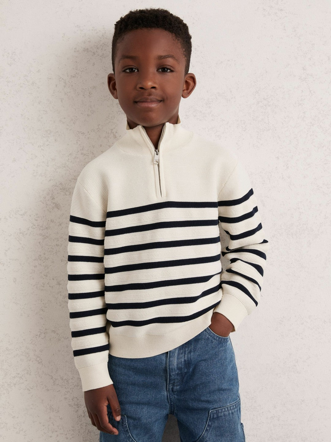13-14 yrs Cotton-Blend Stripe Half-Zip Jumper in White
